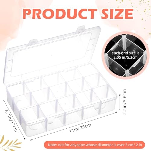Leinuosen 3 Pack Clear Washi Tape Organizer Storage 15 Grids Plastic Organizer Box Adjustable Dividers for Jewelry, Wash