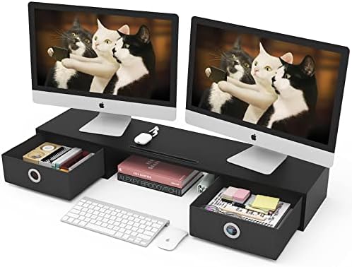 WESTREE Dual Monitor Stand Riser with Two Drawers, Extra Large Storage Monitor Stand for 2 Monitors, Desktop Oraganizer 