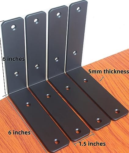 16 Pack - L 6" x H 6" x W1.5, 5mm Thick Black L Shelf Bracket, Iron Shelf Brackets, Metal Shelf Brackets, Floating Shelf