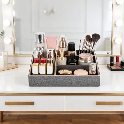 PU Leather Makeup Organizer Tray,Large Vanity Organizer,Cosmetic Storage Box for Lipstick Brushes Skincare Perfume,Cosme