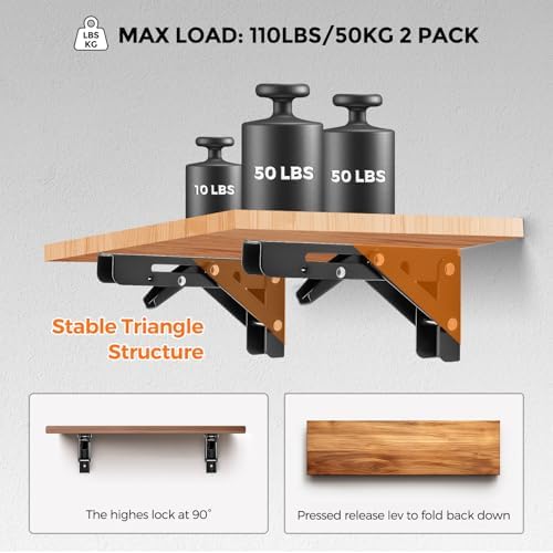 JOY DECOR Matte Black Folding Shelf Brackets, 6 Inch, 4 Pack