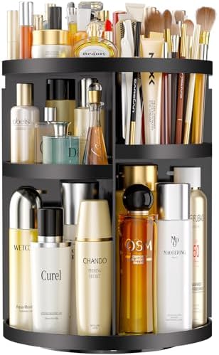 Makeup Organizer 360 rotating, Adjustable Skincare Organizers with Brush Holder, Cosmetics Display Cases for Vanity Bath