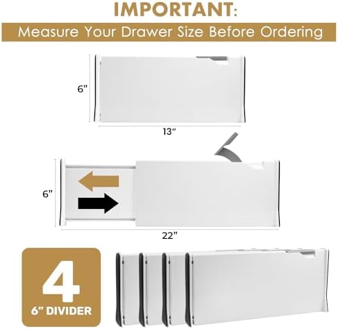RAPTUROUS Adjustable Deep Drawer Divider – 6" Tall, Expandable 13-22", 4-Pack, Non-Slip Drawer Dividers for Clothes, Dresser, Kitchen & Office Organization (White)