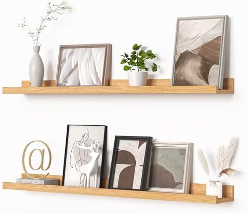 Heimlove Picture Ledge Shelf, Floating Shelves Set of 2, 36 Inches Picture Shelf for Wall with Ledge, Kids Bookshelf Wall Mounted for Living Room Bedroom Decor Books Photo Frames - Natural Oak
