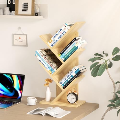 SHEEPAM Small Tree Book Shelf,5 Tier Bookshelf, Wood Desktop Bookcase