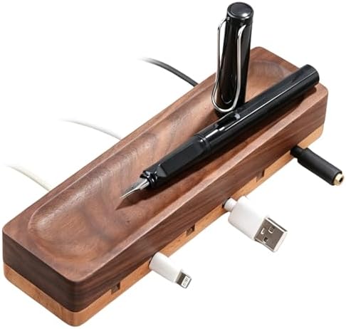 Magnetic Cord Holder with 6 Slots - Walnut & Beech Wood Cable Organizer for Lightning, USB, USB-C, Stick-on Design for D