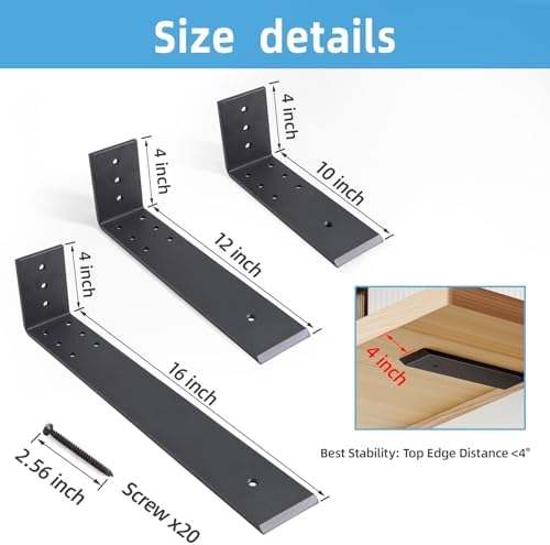 WEKIS 16 Inch Countertop Support Bracket, 3 Pack Solid Iron Steel Heavy Duty Hidden Floating L Shelf Brackets1/4 Inch Th