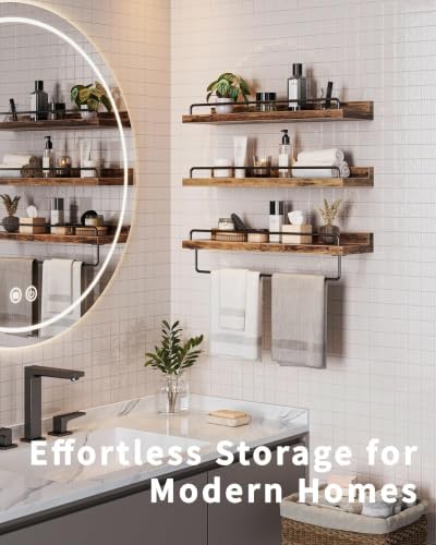 Seocry Bathroom Shelves, Wall Shelf Set of 3, Floating Shelves, Shelves for Room Wall, Bathroom Decor (Rustic Brown, 15.