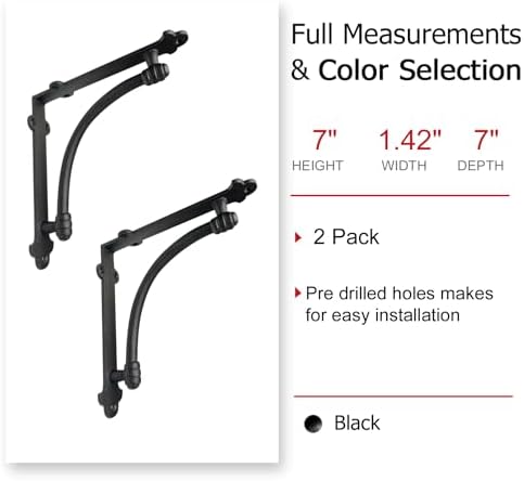 NACH Decorative Shelf Brackets, 2 Pack of 7 x 1.5 x 7 inch Black Cast Iron Shelf Brackets - Decorative Brackets for Moun