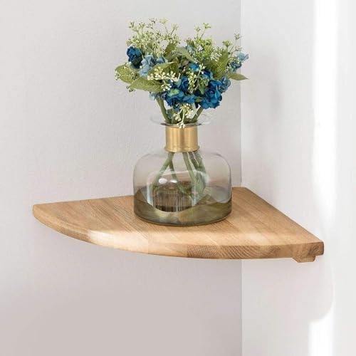 Corner Shelf, 7inch Solid Oak Wood Floating Corner Shelf Wall Mount Round End Floating Speaker Shelves with Wire Hole fo