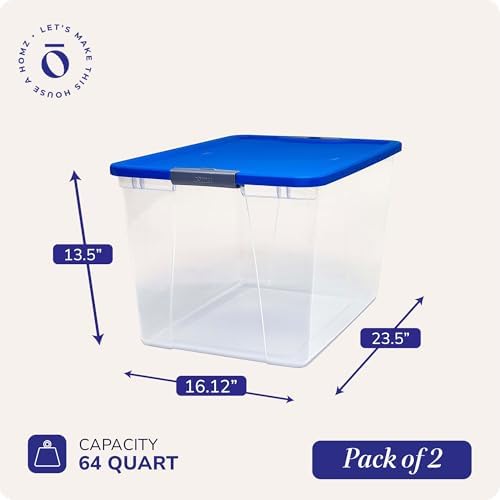 HOMZ Clear Plastic Storage Bin with Secure Latching Blue Lid, 64 Qt, 2 Pack