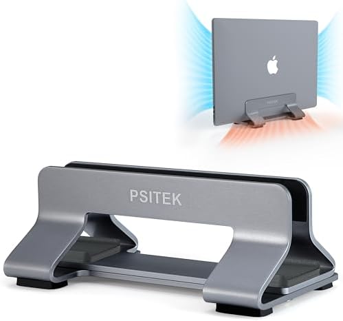 Aluminum Vertical Laptop Stand Dock Holder, Adjustable Slot Width 12-42mm, Space-Saving Upright Storage for MacBook and 