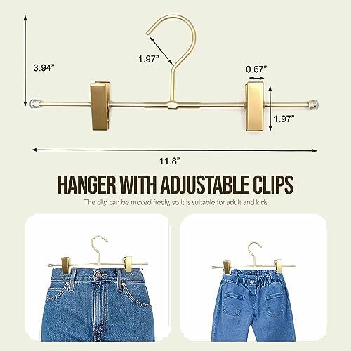11.8" Gold Matt Aluminium Metal Bottom Clips Pants Trousers Clothes Hangers,10 Pack Heavy Duty Space Saving Durable Adjustable Clips Legging Organizer,Toddler Infant Hangers Shirts Newborn