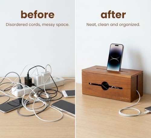 Wooden Cable Management Box for Power Strips, Desk Cord Organizer for Home Office & TV Stand, Hidden Cable Storage with 
