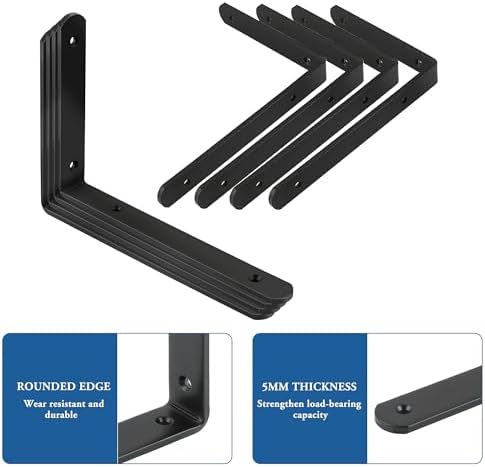 Mooche Black Shelf Brackets, Heavy Duty Floating Shelf Bracket for Wood Shelves, Wall Mounted Metal L Brackets, Wall She