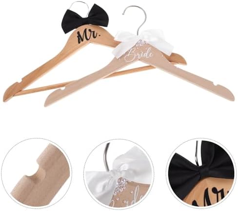 ABOOFAN Bride and Groom Hangers, 2 Pack Wooden Wedding Dress Hanger for Gown and Tuxedo, Mr and Mrs Set with Bow Tie, Non-Slip Shoulder Notches, Photography Prop and Keepsake