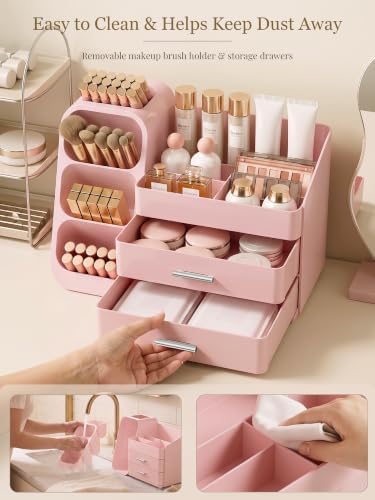 Booklov Large Makeup Organizer for Vanity Countertop, Pink