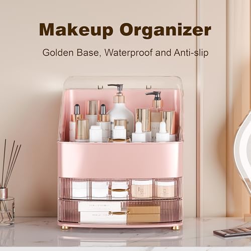 Makeup Organizer Countertop Vanity with Transparent Lid Drawers Waterproof Dustproof Cosmetic Skincare Bathroom Storage 