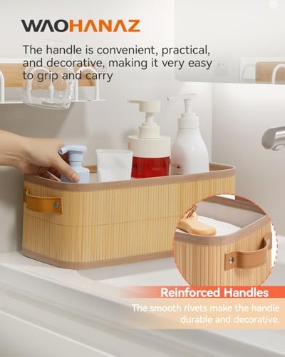 Narrow Storage Bins, Small Basket for Closet and Shelves, Bamboo Toilet Paper Storage Organizer with Handles for Counter