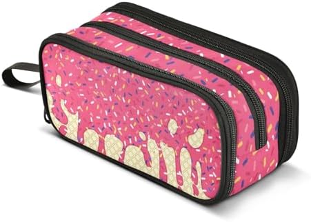 Red Ice Cream Print Pencil Case Box Boys Girls Large Pencil Pouch Zipper Compartments Big Capacity Stationery Pen Bag Organizer for Kids Teens Adults School Office
