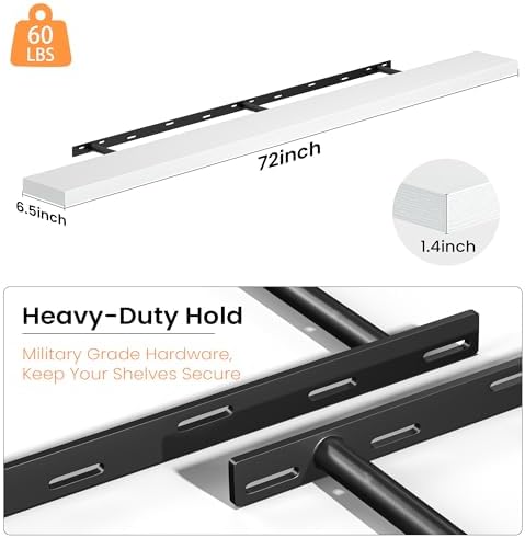 Fun Memories Floating Shelves for Wall 72 Inch, Set of 1 – Wall-Mounted Storage & Display Shelf with Invisible Bracket, 