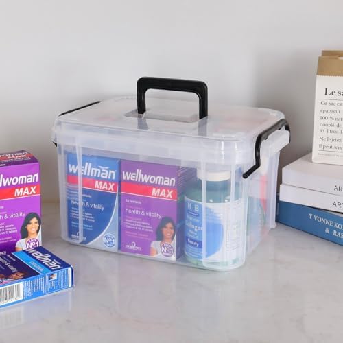 Set of 2 Medicine Organizer - Plastic Storage Box with Handle Clear