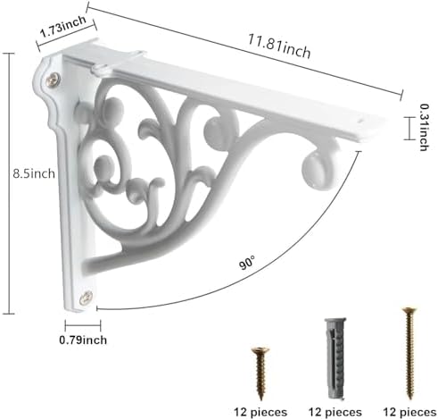Khtumeware Ornate Decorative Shelf Brackets, 12 inch Big wall Mounted Shelving Bracket, 4 Pack White Vintage Metal Heavy
