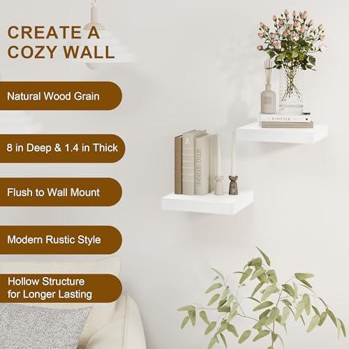 8 Inch Deep Floating Shelves White, Rustic Wood Floating Shelf for Home Decor, 8 x 8 Inch Square Wall Shelves, Wooden St