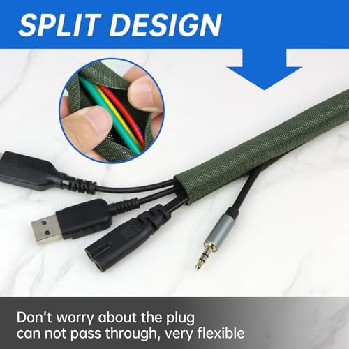 Split Braided Cable Sleeve，Flexible Wire Loom Tubing, Automotive Cord Protector Pet Proof, Cable Management for Computer