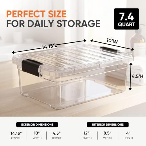 Superio 7.4 Quart Clear Plastic Storage Bin with Lid, Stackable Organizer Box, BPA-Free Storage Container for Home, Gara