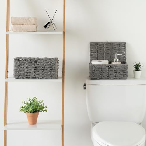 Mkono Storage Basket with Lid, Decorative Bins for Organize, Set of 2 Grey