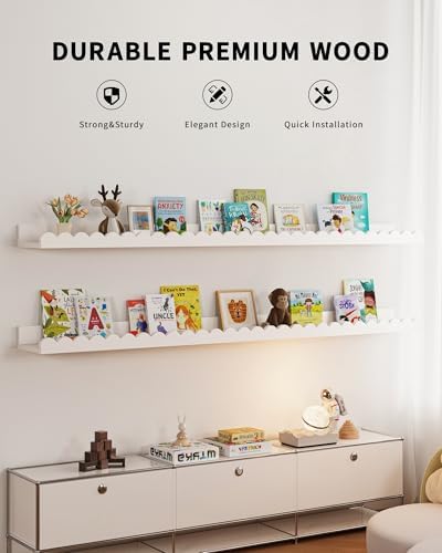 Shario Nursery Book Shelves, 4-Pack White Floating Shelves for Wall Kids, Scalloped Shelves, Wall Book Shelves for Bedro