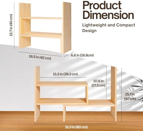 Flexzion Natural Wooden Desktop Shelf Wood Caddy Desk Organizer Set Office Storage Adjustable Expandable Tabletop Access