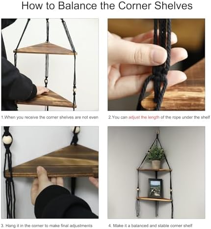 Artilady Corner Shelf Macrame Wall Hanging Balck, Boho Wood Storage Decor
