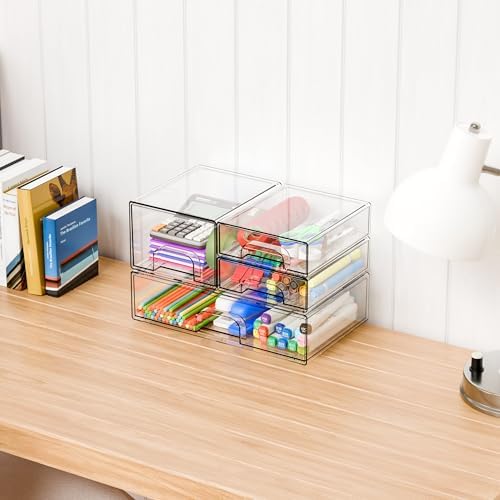 Yieach 4 Pack Clear Stackable Storage Drawers,Acrylic Drawer Organizer for Medicine,Palettes,Hair Accessories and Makeup