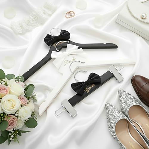 Beeveer 3 Pcs Groom and Bride Wooden Hanger with Clips, Bow,Black,White