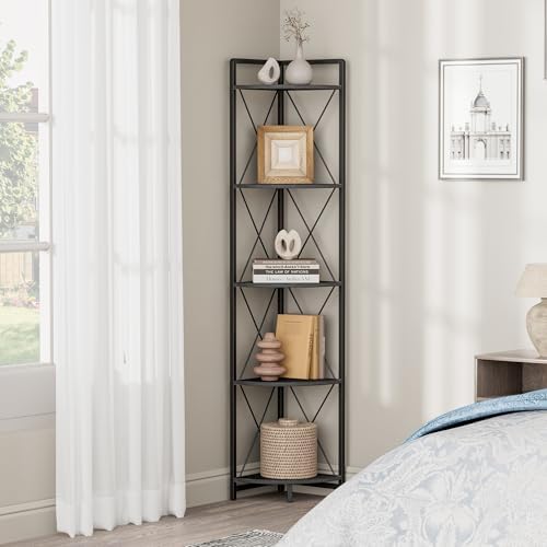 5 Tier Corner Shelf Stand, 64" H Tall Corner Bookshelf, Black