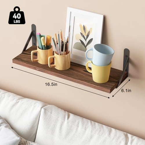 YGEOMER 16.5in Floating Shelves for Wall, Dark Carbonized Pine Set of 6