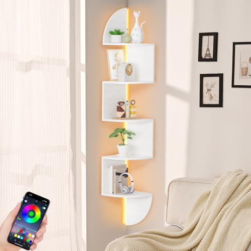 Waipfaru Corner Shelf, 5 Tier Bookshelf with LED Light, Corner Shelf Wall Mounted, Floating Shelves for Wall, Display St