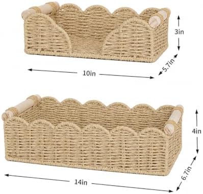 2 Pack Scalloped Paper Rope Toilet Paper Baskets with Wood Handles