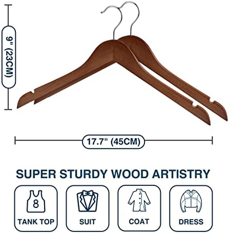 Wooden Hangers 20 Pack - Sturdy Walnut Hangers for Shirts, Coats & Dresses - Ideal for Laundry & Everyday Use