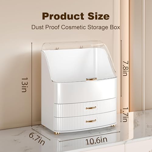 Makeup Organizer Countertop Vanity with Transparent Lid Drawers Waterproof Dustproof Cosmetic Skincare Bathroom Storage 