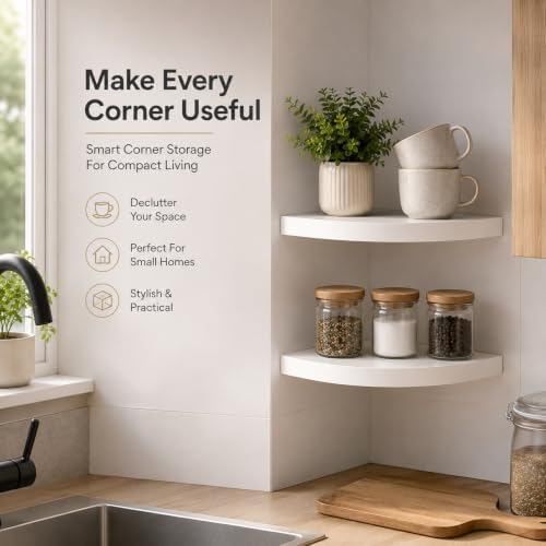 AHDECOR Wood Corner Shelves White, Durable Floating Corner Shelf for Organizing and Displaying Décor in Any Room, Set of