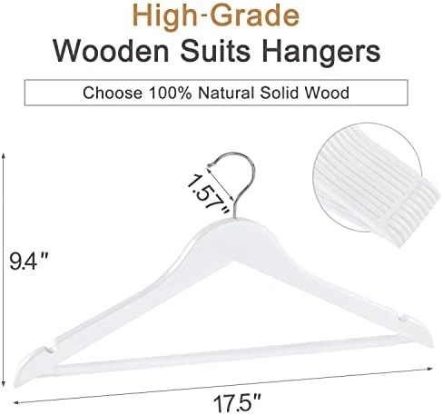 TOPIA HANGER Wooden Coat Hangers 30 Pack, White Wood Suit Hangers with Non Slip Pants Bar, 360° Swivel Hook and Shoulder Notches for Camisole, Jacket, Pants, Smooth Finish Clothes Hangers -CT34W30