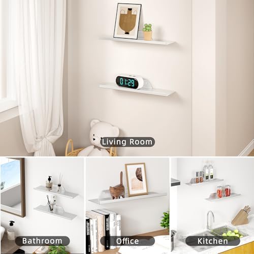 Floating Shelves for Wall, Off Center Metal Shelves for Living Room, Silver Floating Shelves for Wall Decor, 16” Hanging