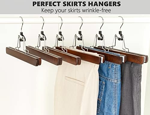 Amber Home 10 Pack Walnut Wooden Pants Clip Hangers, Wood Skirt Hangers