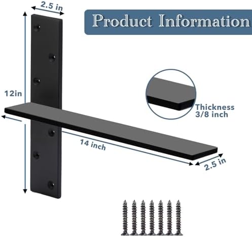 Free Hanging Countertop Support Bracket 14" Lx2.5 W 3 Pack Heavy Duty Hidden Floating Wall Shelf Bracket 3/8" Thick for 
