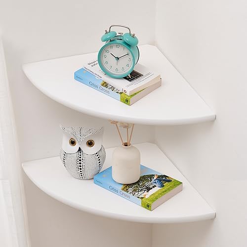 Corner Shelves, White Floating Corner Shelf, Set of 2 12inch Solid Oak Wood Wall Shelves, Round End Wall Mount with Wire