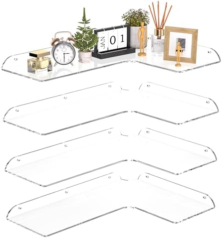 Sezanrpt 11.4x16 Inch Acrylic Corner Floating Shelf Set of 4, Clear Corner Wall Shelf for Home Décor, Speakers, Security