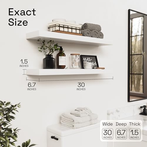 Solid Wood Floating Shelves for Wall 30 Inches Long, White Wooden Shelf